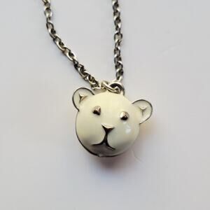 Vintage White Enamel Bear Face Pendant Necklaces Silver Tone Cable Chain Cute